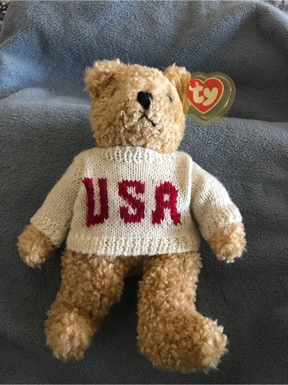 Ty Tan Bear with Cream Sweater and Red USA Letters